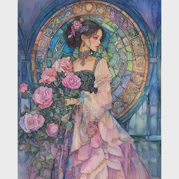 Diamond Painting Vintage Noble Lady With Pink Roses Stained Glass Window DIY Handicraft Home Decor Ideal Holiday Birthday Gift