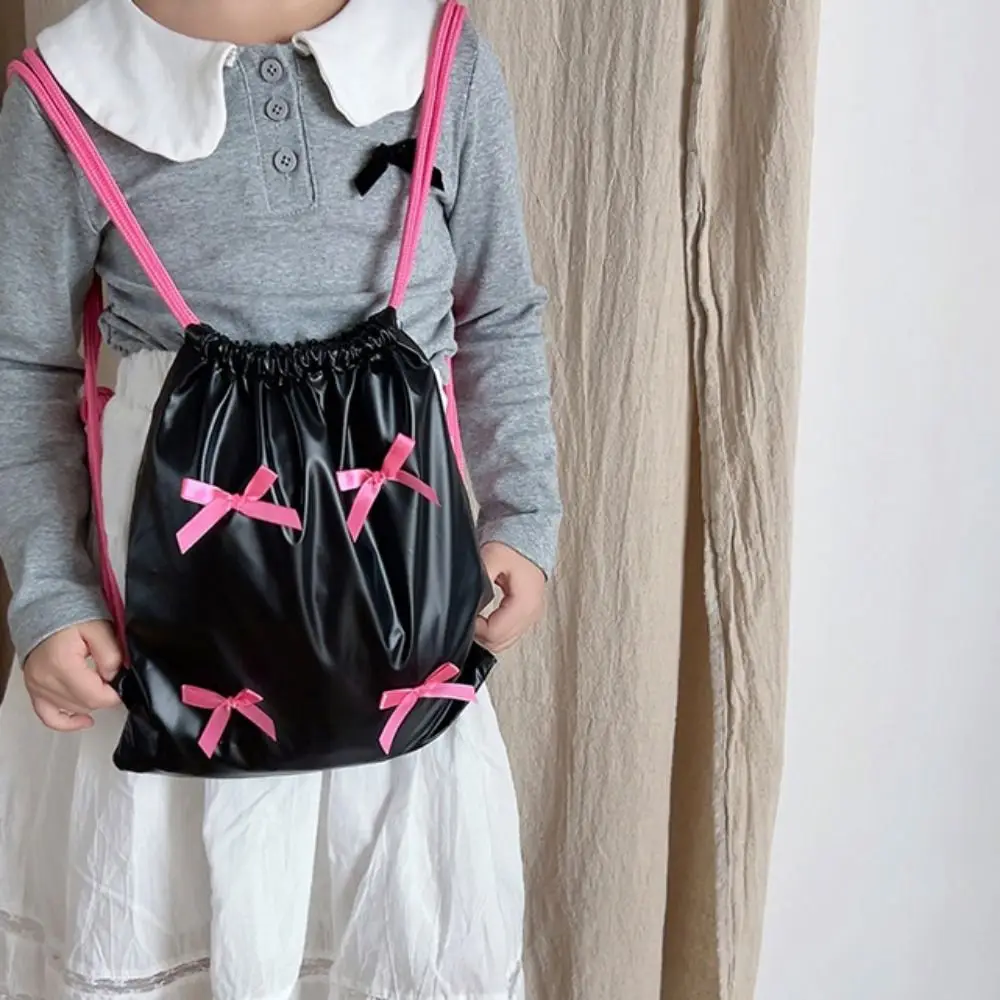Sweet Korean Style Bow Drawstring Backpack Fold Y2k Nylon Ruched Knapsack Solid Color Large Capacity Children Shoulder Bag Women