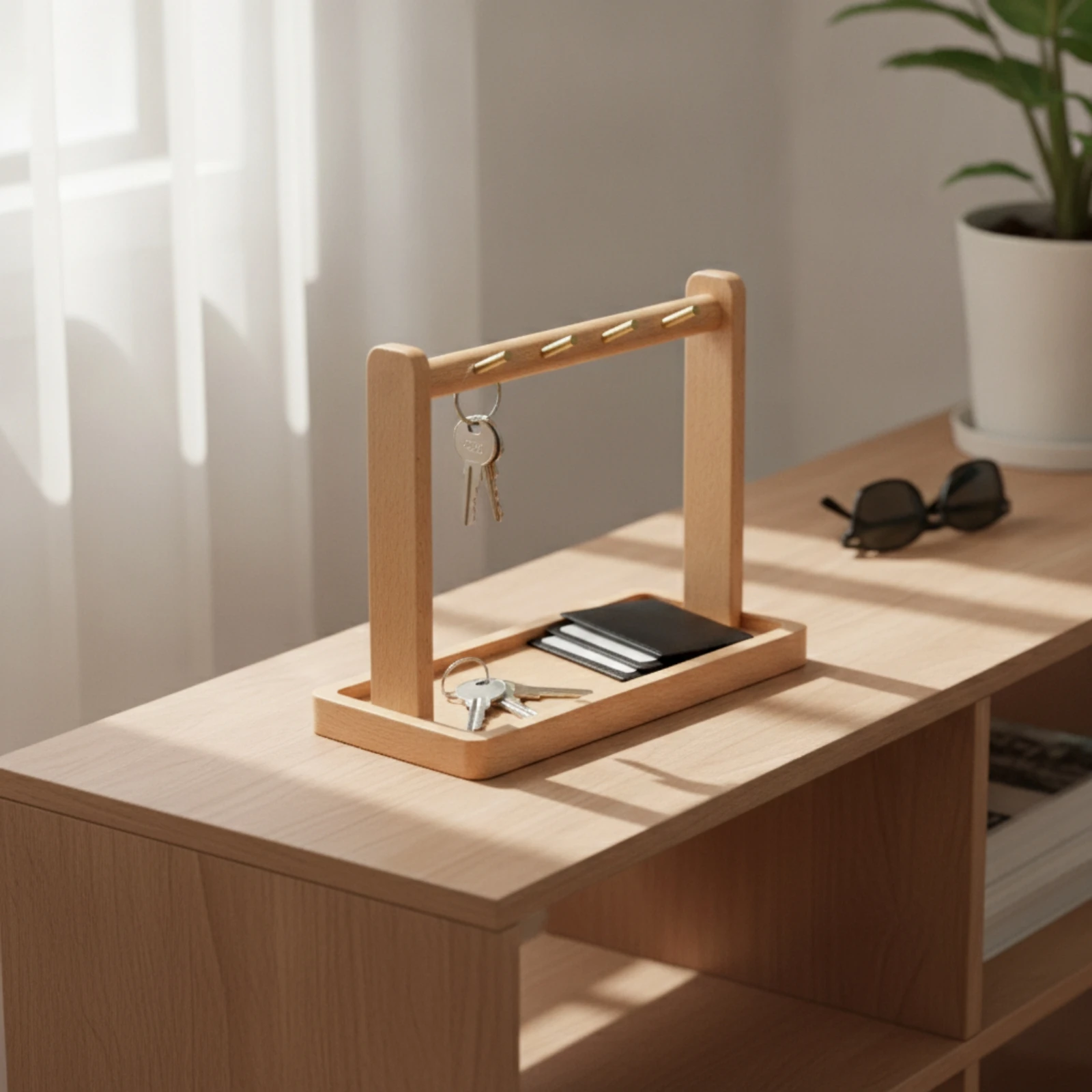 Solid Wood Desktop Organizer with Metal Hooks Multi-Functional Wood Desk Organizer with Catch-All Tray Decorative Slim