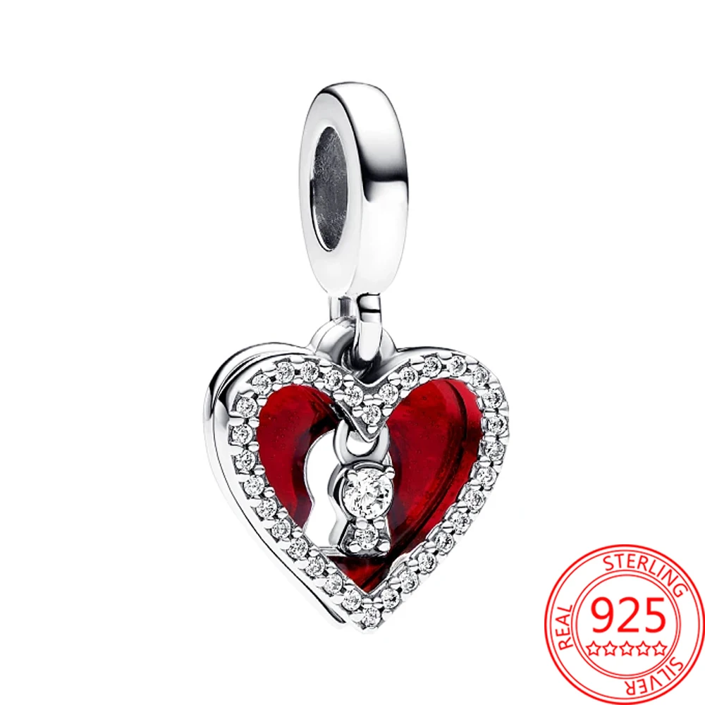 Classic 925 Sterling Silver Red Heart Lock Core Hollow Charm Fit DlY Bracelet Necklaces Women's Daily Jewelry Accessories