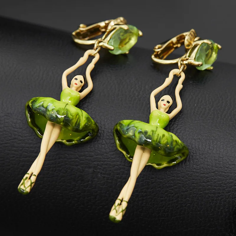 

New Arrival French Cute and Sweet Fashion Color Glaze Oval Zircon Green Dress Ballet Dancing Girl Ear Clip Senior Sense Earrings