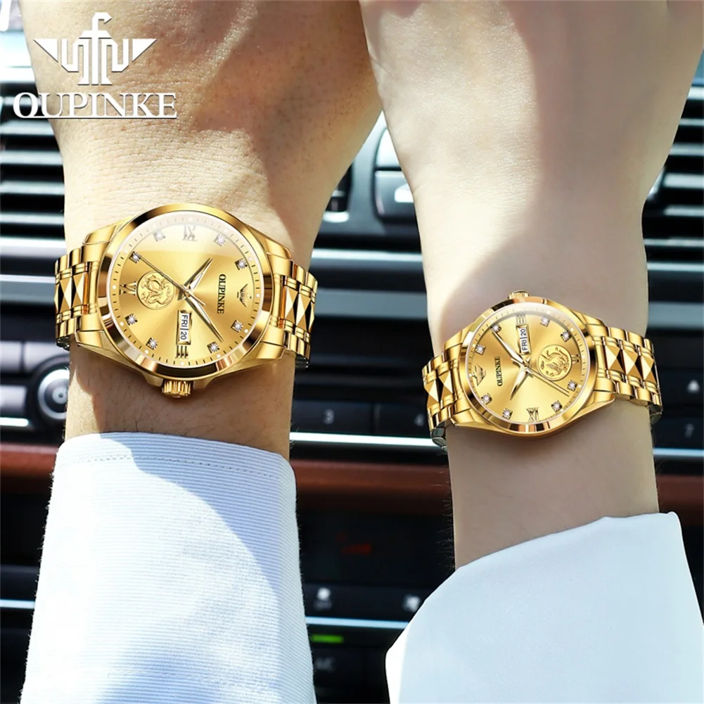 OUPINKE 3259 Real Gold Dragon คู่นาฬิกาสําหรับผู้ชายผู้หญิงนําเข้า MIYOTA Movement Mechanical Lover นาฬิกาข้อมือกันน้ําลึก