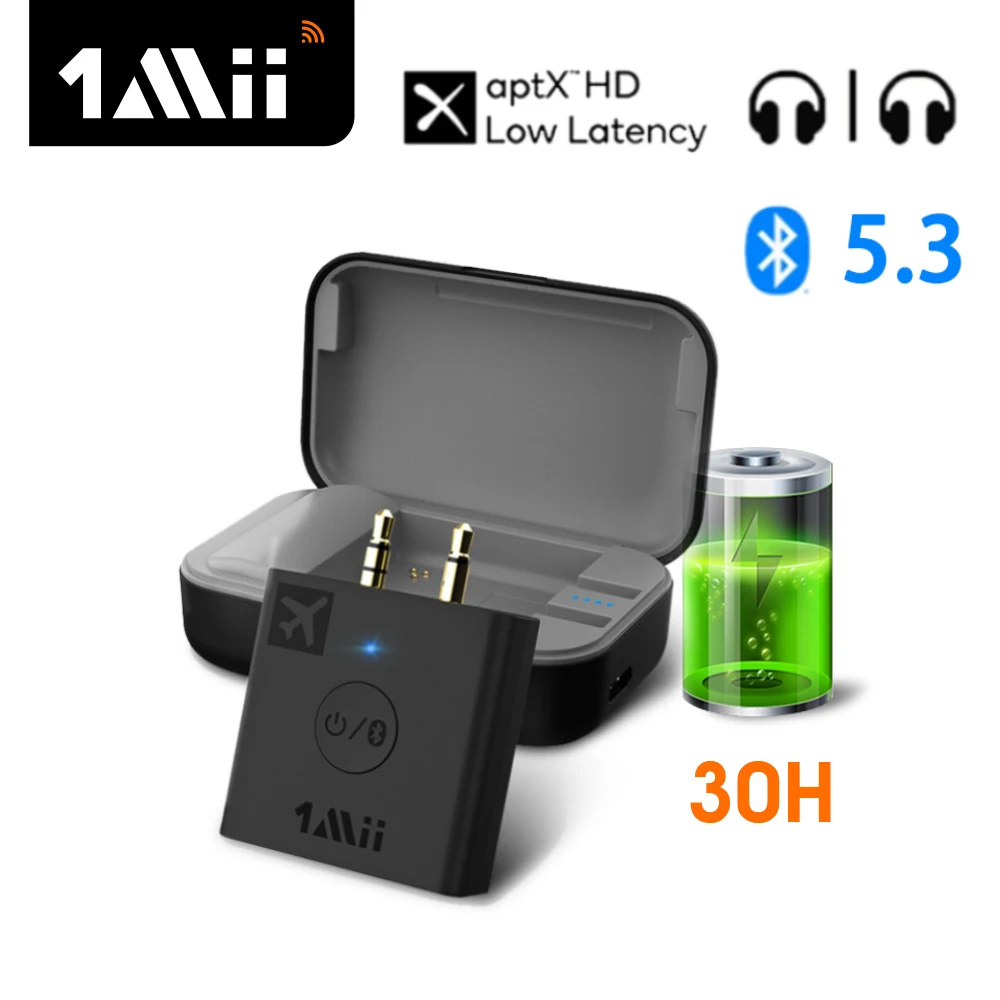 [Ulepszony] 1Mii B05 Bluetooth 5.3 nadajnik Audio z 30H etui ładujące aptX LL HD 3.5 Aux Adapter Bluetooth dla samochodu PC samolot