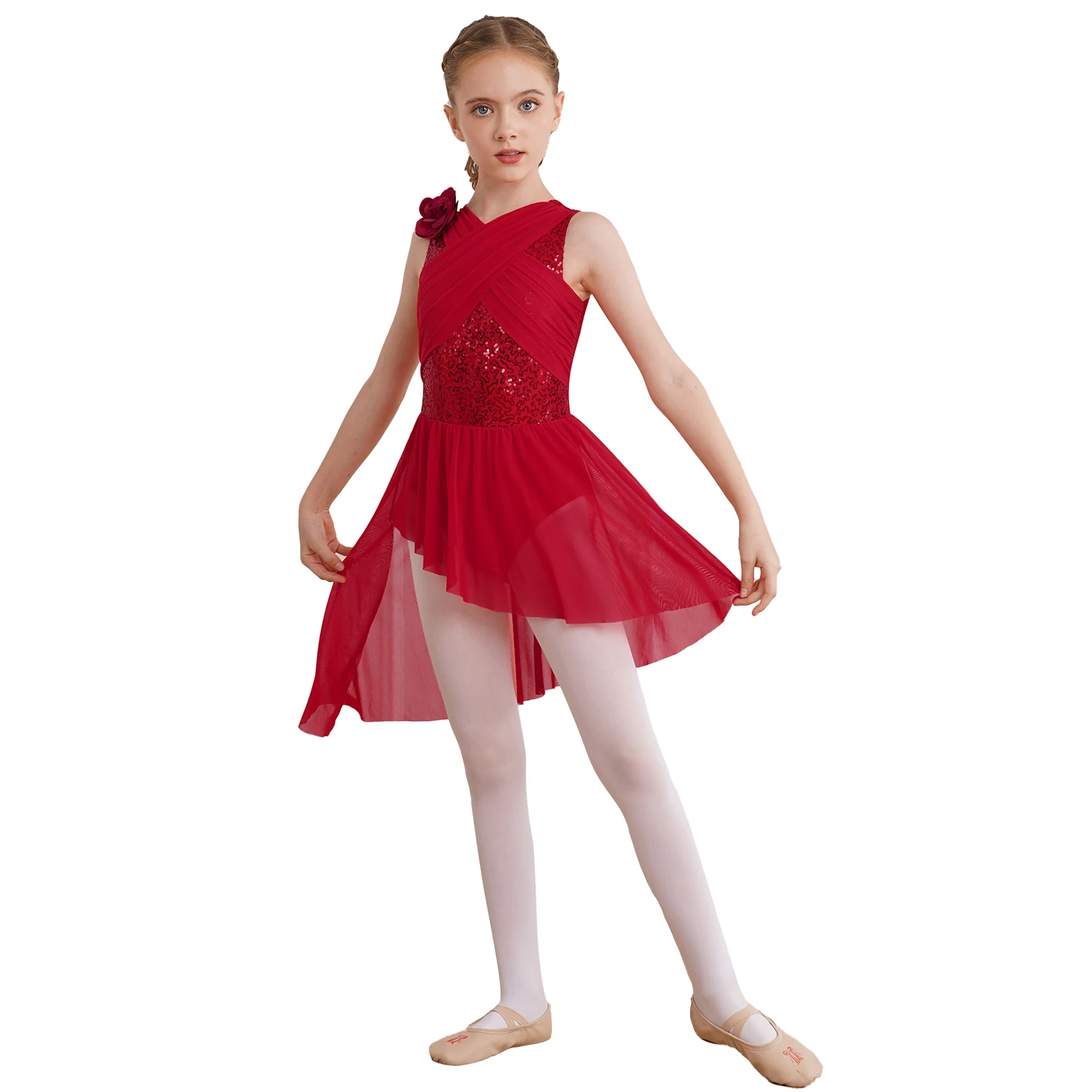 Kids Girls Shiny Sequin Ruched Sheer Mesh Latin Jazz Overlay Dress Ballet Jersey Lyrical Dance Dress Skirted Leotard with Flower