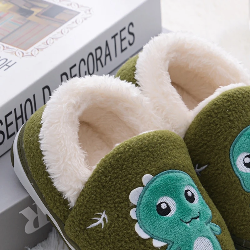 Fashion Toddler Boys Slippers for Winter Shoes Kids Casual Home Wear Baby Warm Anti-slip Loafers Cartoon Dinosaur House Footwear