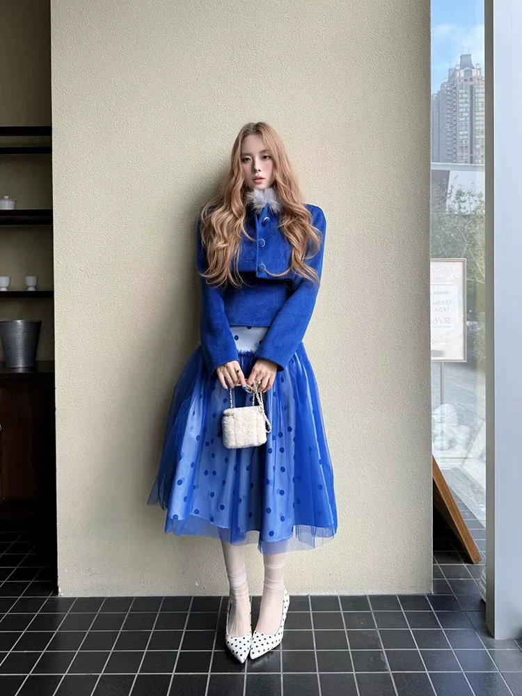 

XZY plus Size Spring Outfit Women's Camisole Vest Blue Polka Dot Skirt Set Casual High Waist A-Line Midi Dress Office Lady Style
