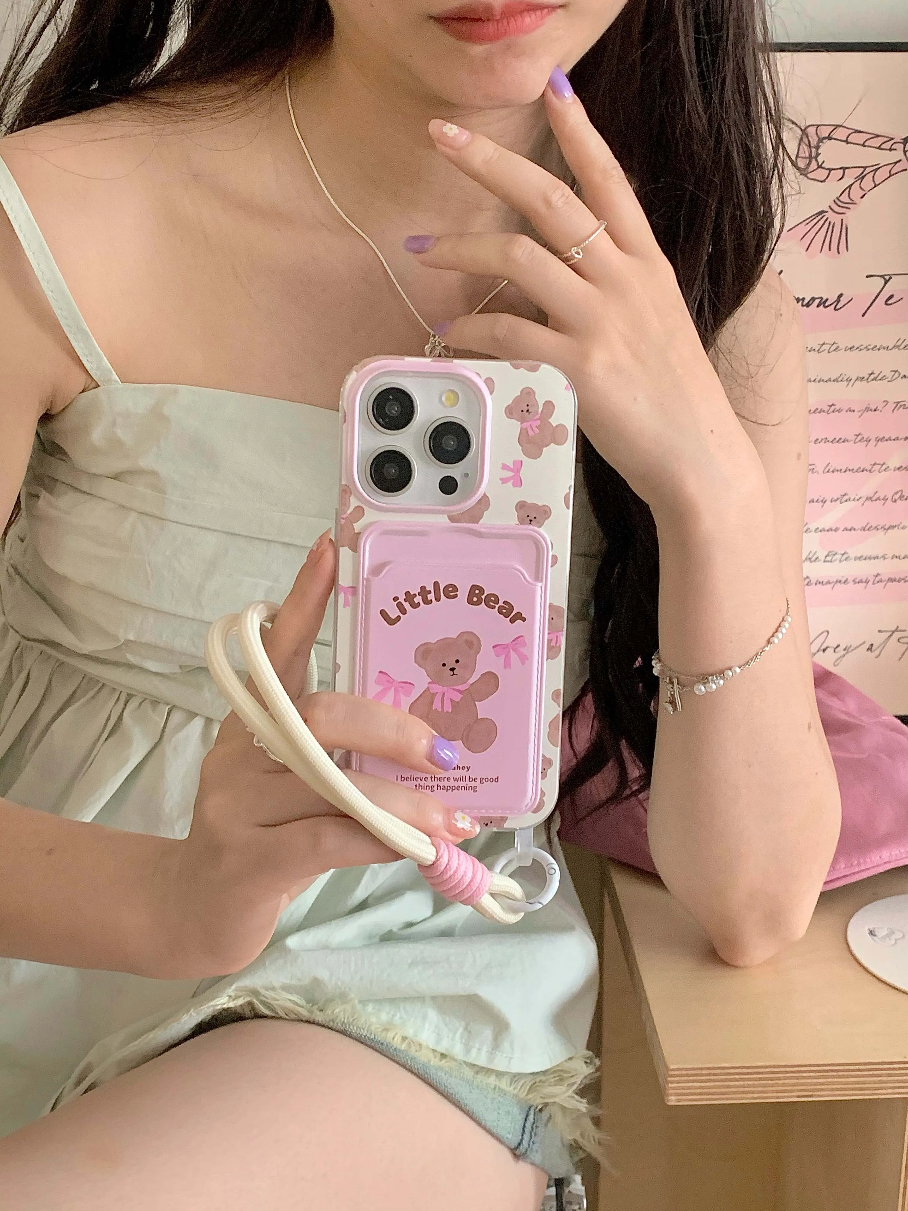 Pink bow bear card holder phone case for iphone 11 12promax 14 13 15pro 13pro 15 pro max 14pro 12 milk white rope cute funda