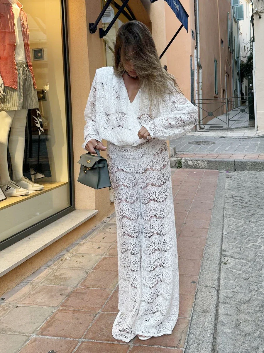 

Wolfeel женские кружевные брюки с длинными рукавами, новый летний женский прозрачный топ, модные офисные женские свободные повседневные наряды