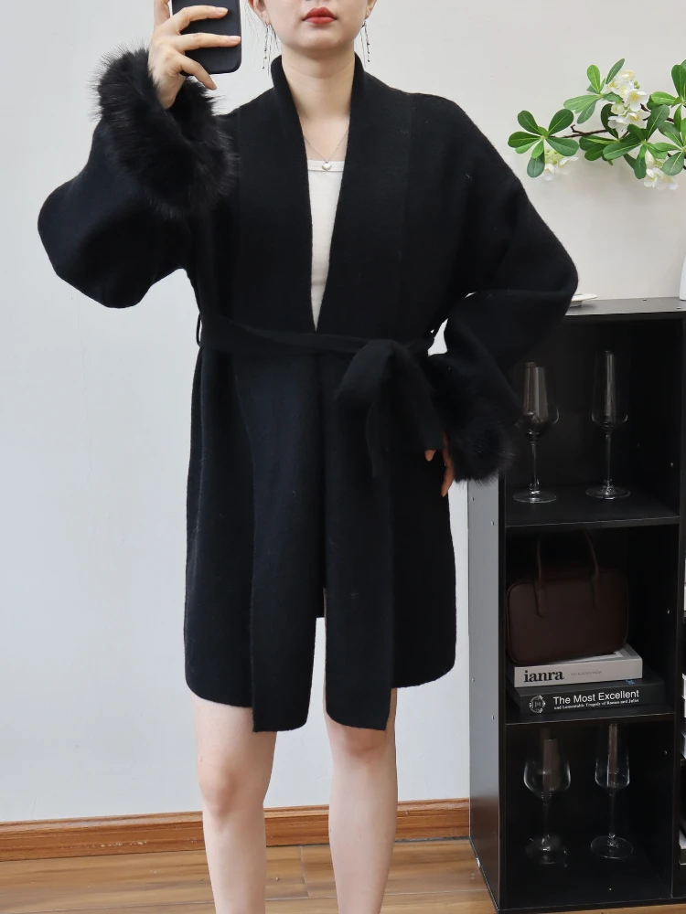 두꺼운 니트 코트 고품질 울 소매 스플라이스 레이스업 가디건 2025 가을 겨울 한국 우아한 스웨터 재킷 여성용