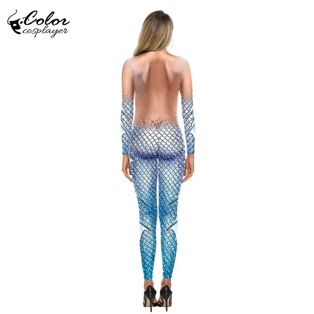 Color Cosplayer Mermaid Jumpsuit Halloween Cosplay Costume Fish Scale Pattern Bodysuit Spandex Jumpsuit Party Movie Dress Up