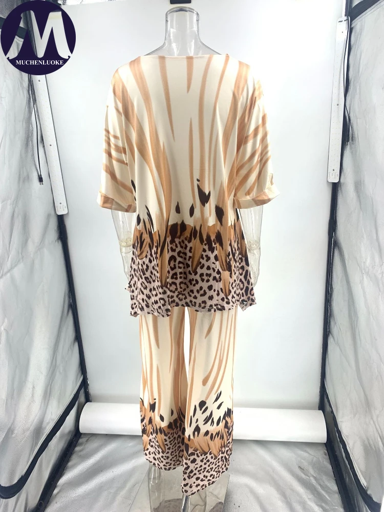 2 peças conjunto para mulher verão novo elegante impresso mangas compridas o pescoço topos ternos moda casual solto calças de perna larga conjuntos