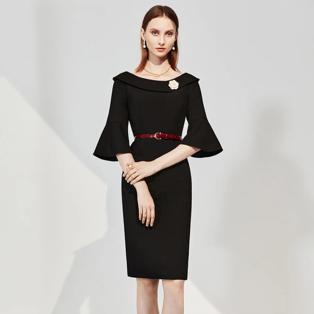 High End Hepburn Dress Autumn Winter New Women's French Horn Sleeve Chic Design Skirt