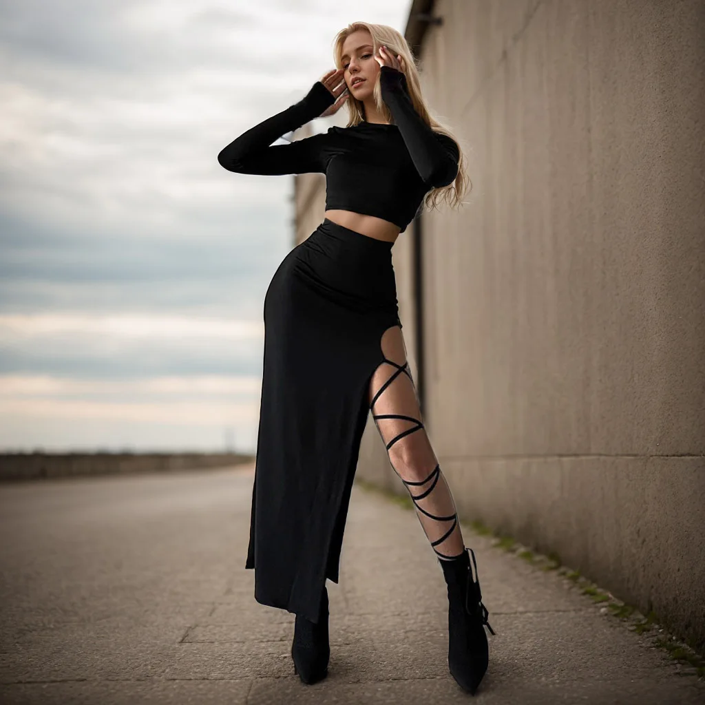 Solid Sexy Two Piece Set Long Sleeve Crop Top Irregular High Split Bandage Long Skirt Set Club Outfits Fall Casual Club Party