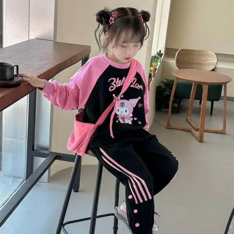 Sanrios Kuromi Kawaii Kids Sportswear Suit Outdoor Comfortable Long Sleevetop Sweatpants Set Autumntop Skirtsuit Girls Clothing