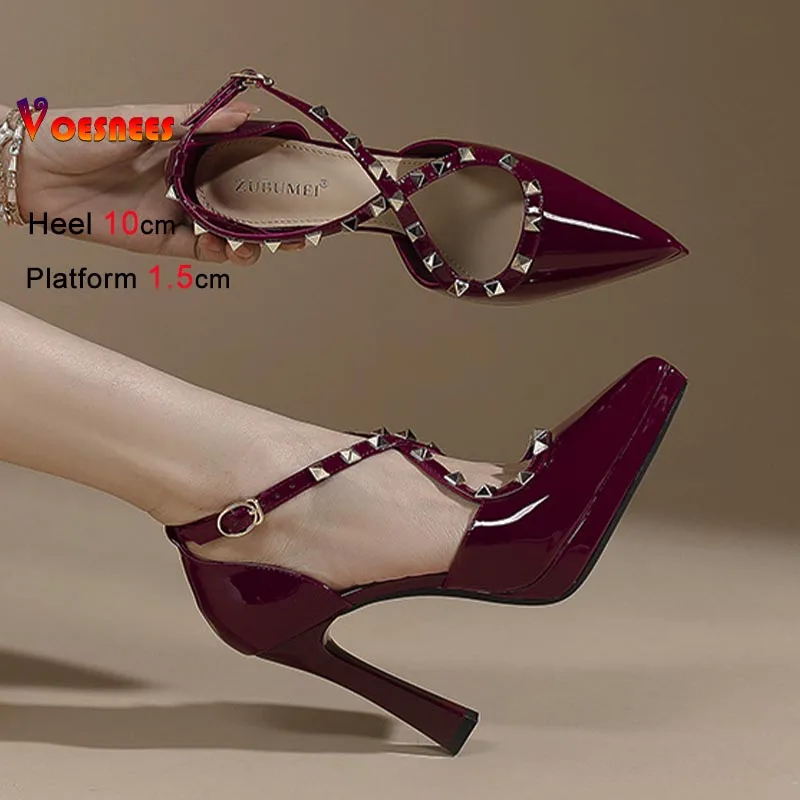 

2026 Fashion Hollow Sandals Women Pumps 10CM High Heels Single Shoes Pointy Toe Shallow Mouth Rivet Stiletto Sexy Female Sandals