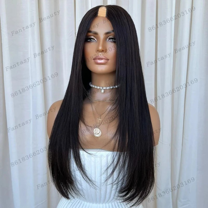 افتتاح بدون صمغ U/V جزء حريري مستقيم طبيعي أسود المرأة خصلات الشعر المستعار الإنسان الطبيعي سهل ارتداء آلة كاملة صنع رخيصة الباروكات