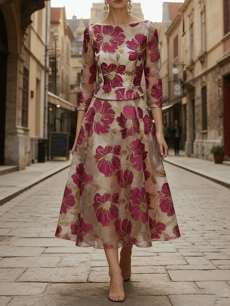 Vintage O-neck Pattern Printed Half Sleeve Dress Summer Elegant High Waist A-line Maxi Dress Temperament Banquet Spliced Dresses