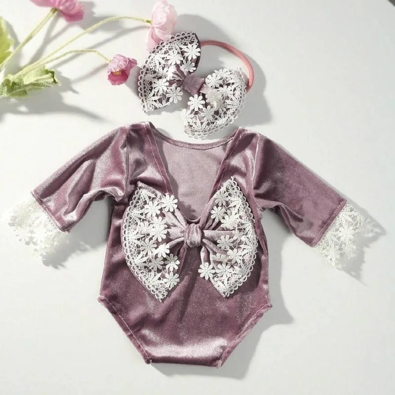 

J15U Bowknot Romper and Hairband Set for Baby Photography Newborn Photo Clothing Photoshooting Jumpsuit Infant Photo Outfit
