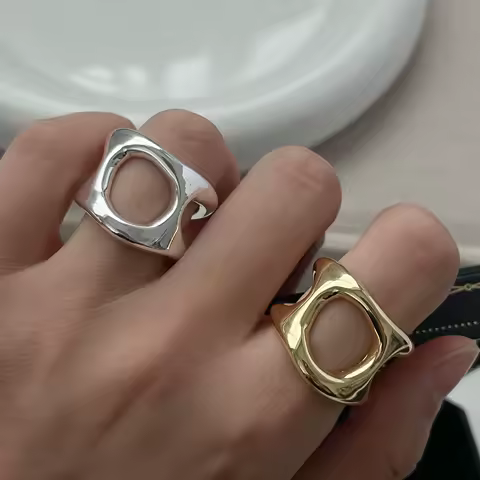 925 Sterling Silver Rings For Women Geometric Fine Jewelry Finger Adjustable Simple Wide Hollow Ring For Party Birthday Gift