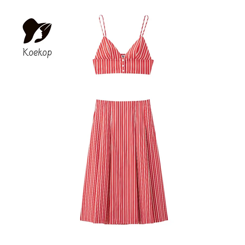 Koekop Women's Fashion Sexy Striped Halter Short Top and Vintage High Waisted Maze Women's Chic Ladies Halter Skirt