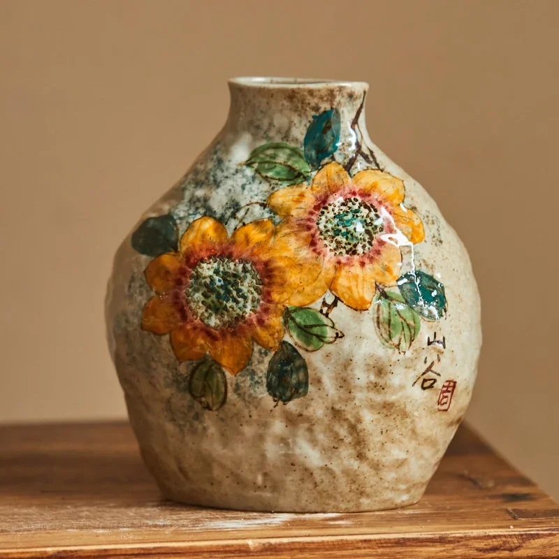 Chinese Vase Decoration Living Room Flower Vase Hydroponic Waterdrop Flower Vase Retro Hand-painted Rose Sunflower Pottery Jar