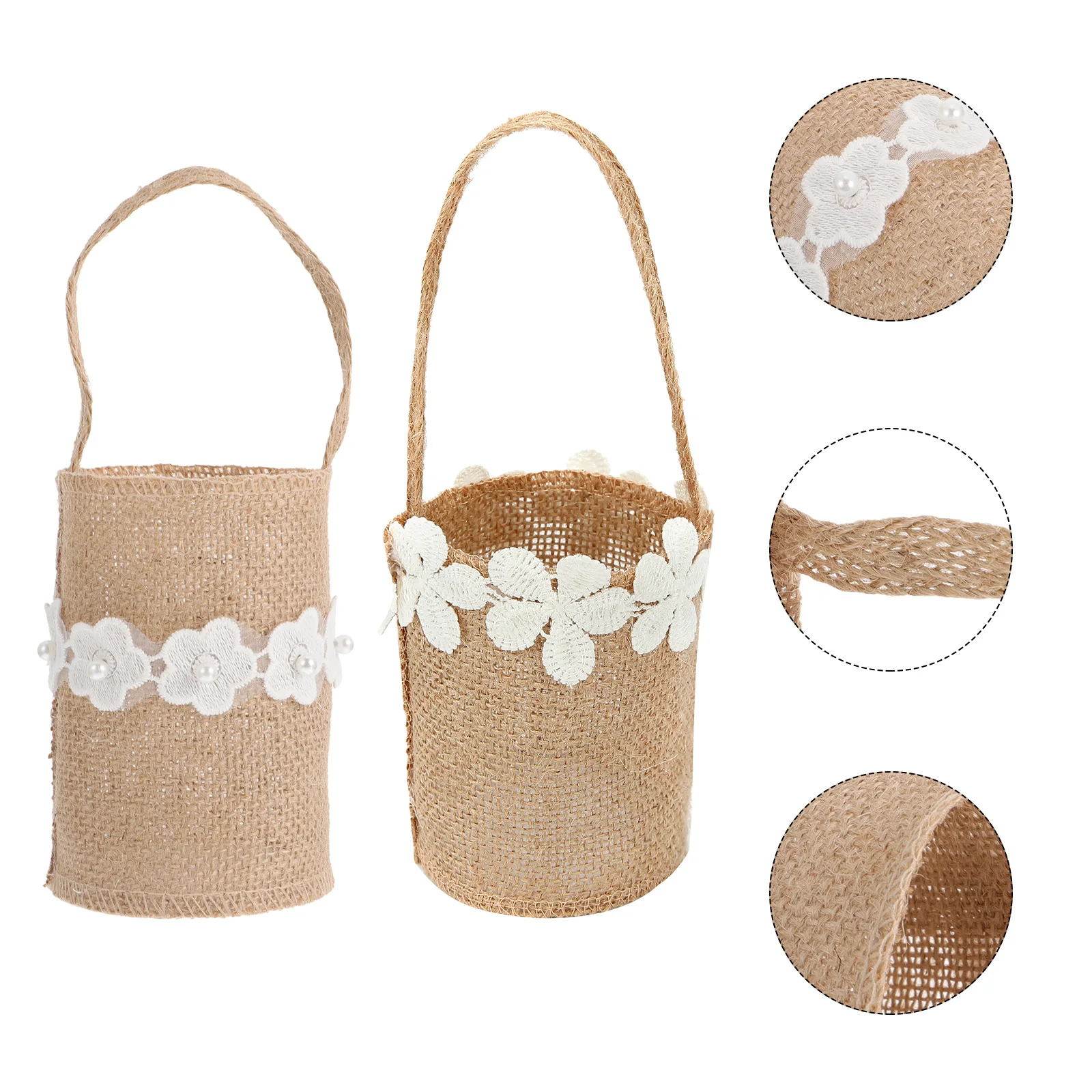 

2pcs Wedding Flower Girl Basket Rustic Burlap Bridal Baskets Ivory Satin Flowers Decorative Storage Baskets Gifts