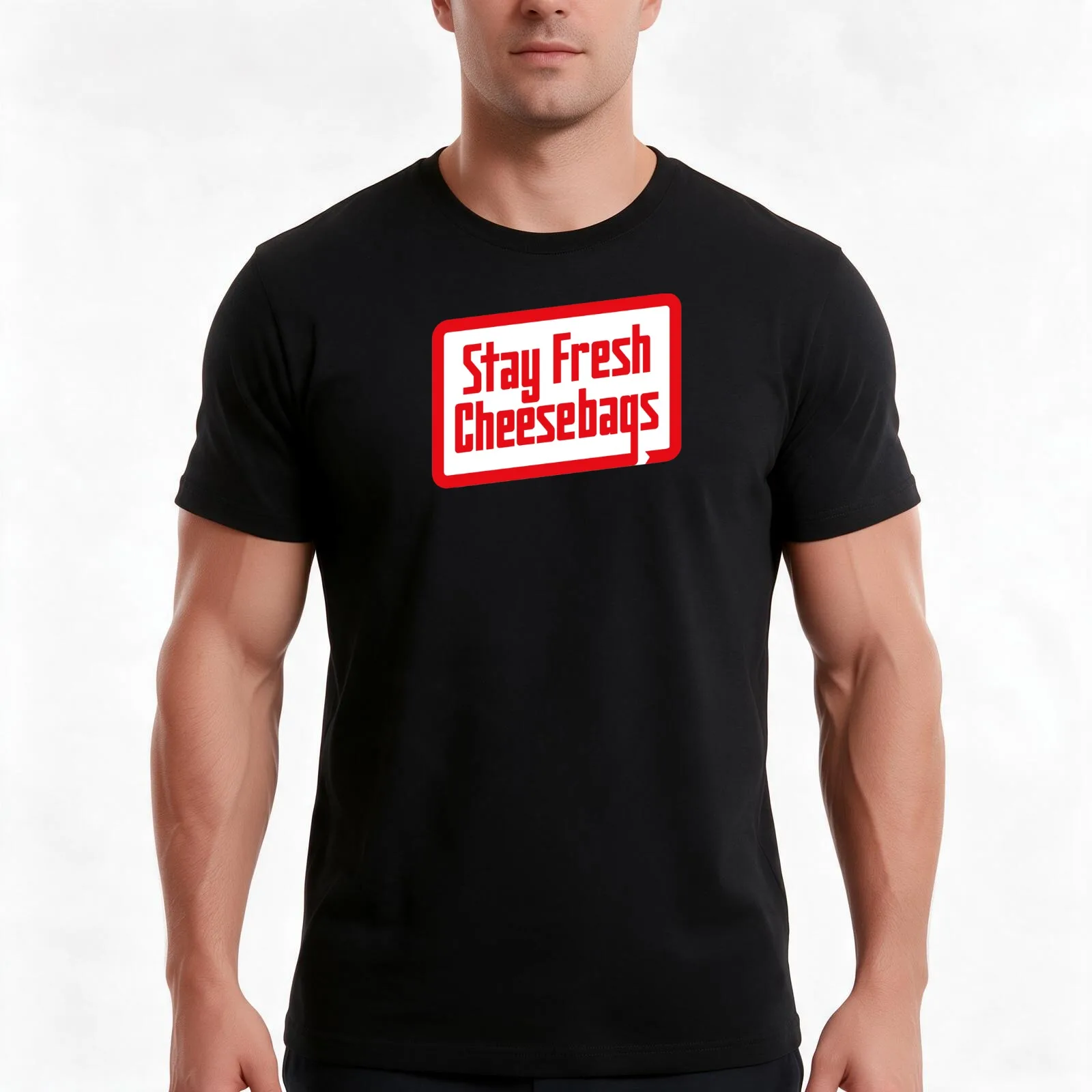 Stay Fresh Cheese Bags - Retro (Red and White on Yellow) T-Shirt, Summer Casual Cotton Tee, Oversized Streetwear Tops