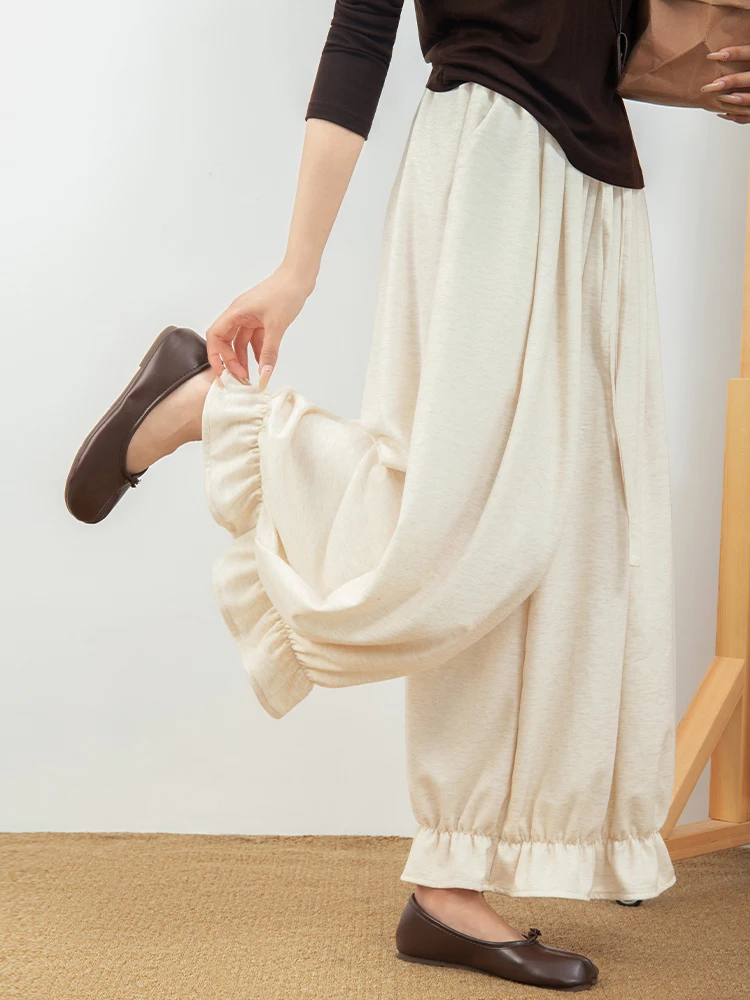 Neue Damen-Hose mit hoher Taille und weitem Bein, Retro-Loose-Fit-Laternenhose, Frühling-Herbst Süße Rüschen-Freizeithose