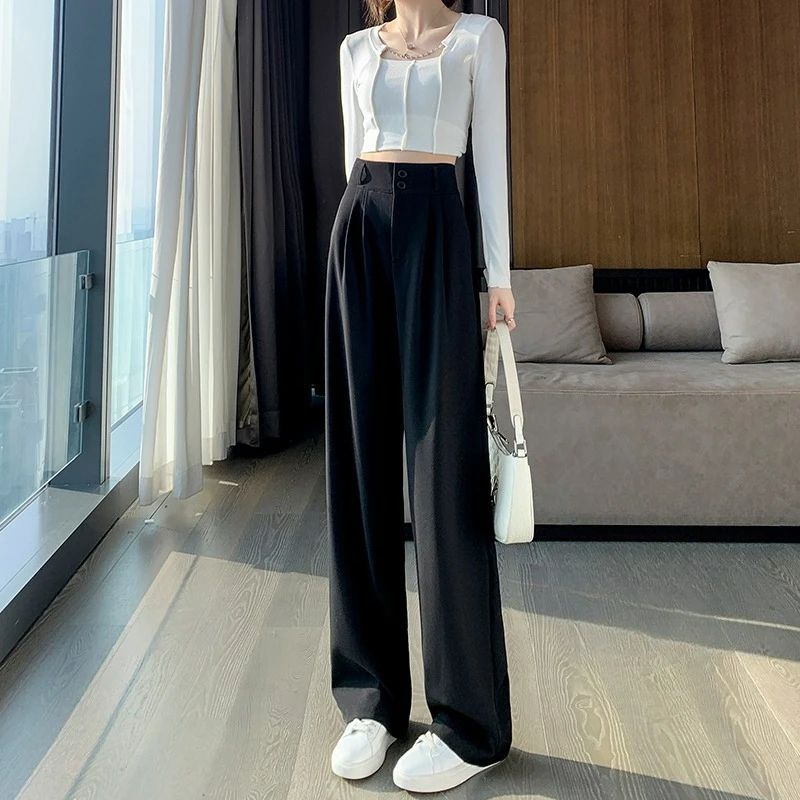 Taille haute minceur en forme de poire figure pantalon jambe droite pantalon de sol double bouton pantalon de costume décontracté