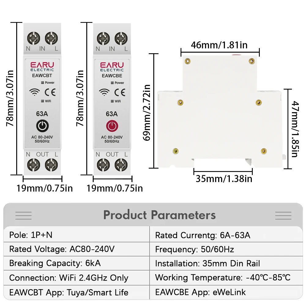 Tuya eWeLink WiFi Smart Circuit Breaker MCB 1P+N 63A Time Relay Switch Energy Meter Kwh Voltage Current Protector Remote Control