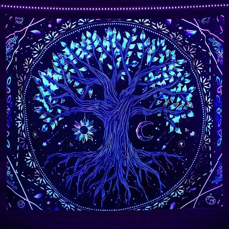 Psychedelic Tree of Life Sun Moon Face Tapestry Starry Sky Mandala Wall Hanging Boho Bedroom Gaming Decor