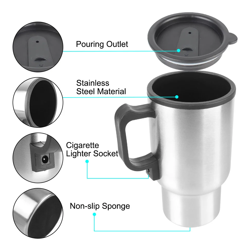 Water Coffee Milk Thermal Mug 12V 450ml Stainless Steel Vehicle Heating Cup  Electric Heating Car Kettle Camping Travel Kettle - AliExpress 34