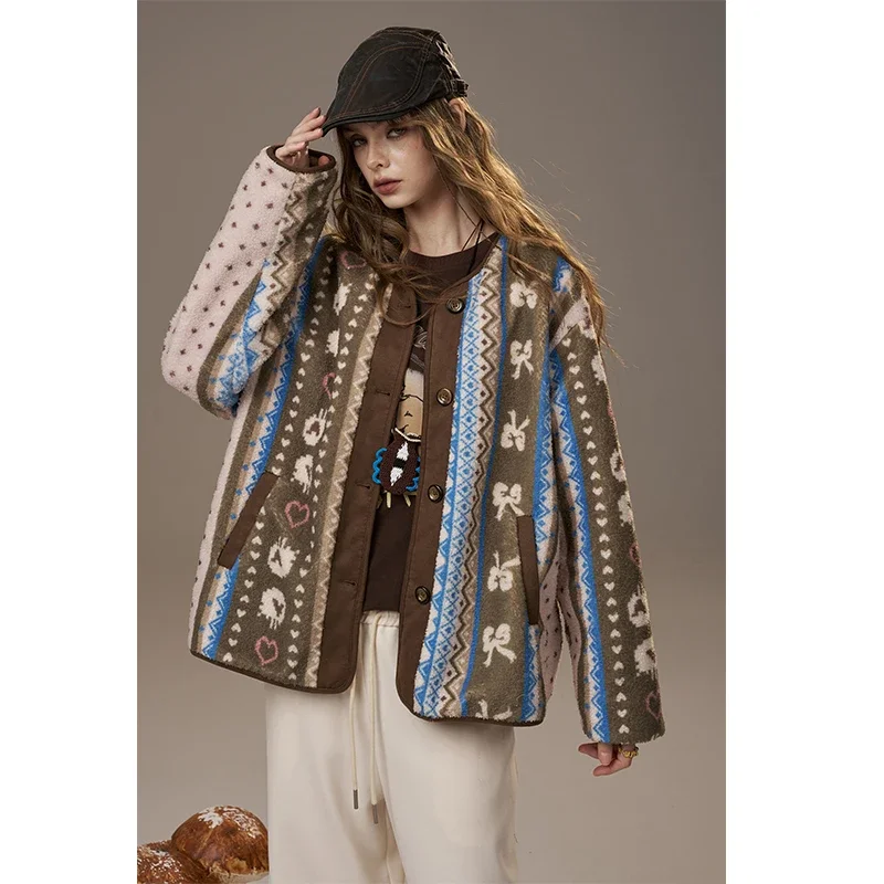 ELFSACK Casual Cute Cartoon Pattern All Over Print Short Jacket For Woman