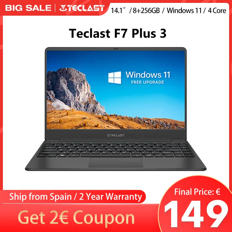 Teclast F7 Plus 3 laptop, 8th Gen. Gemini Lake Celeron CPU 8GB RAM 256GB SSD 4 core Windows 11 1920x1080 IPS dual band WiFi USB 3.0 14,1 inch 38000mWh