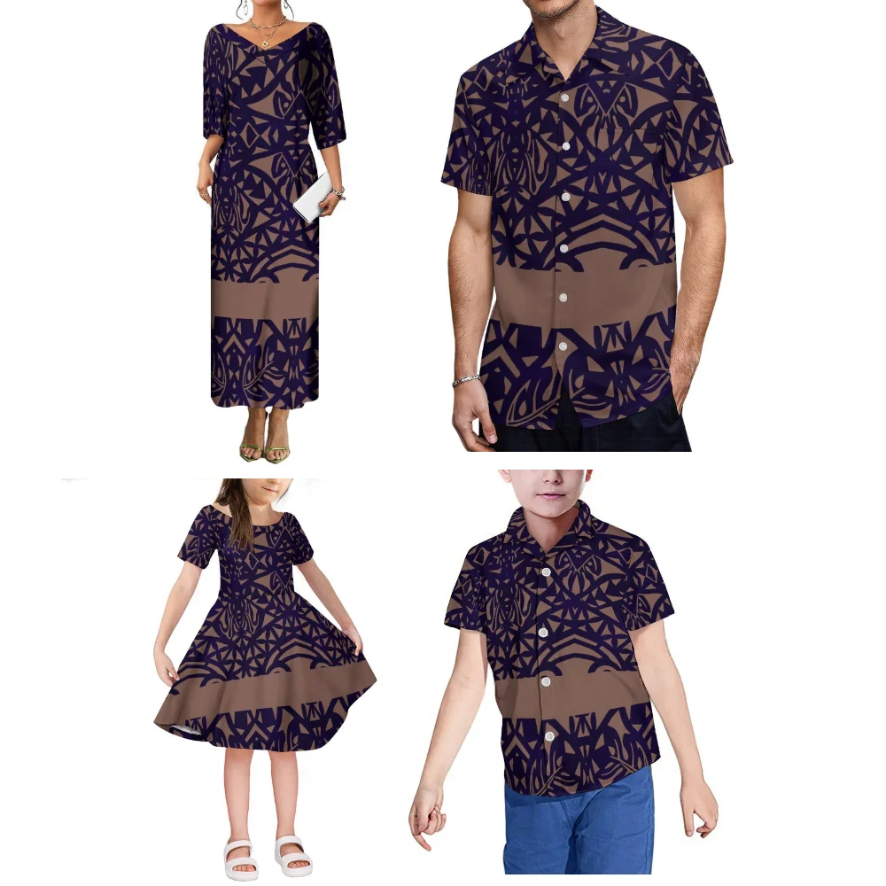 A Custom-Made Family Set Featuring Polynesian Tribal Print Designs For Mother-Daughter Dresses And Father-Son Shirts