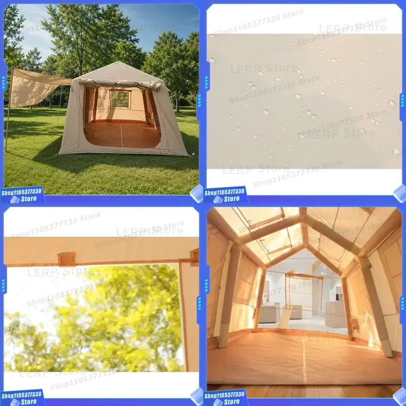 Premium 420D Oxford Inflatable Tent 396x270cm Luxury Glamping Ridge Cabin High Strength PVC Column Waterproof Khaki Outdoor