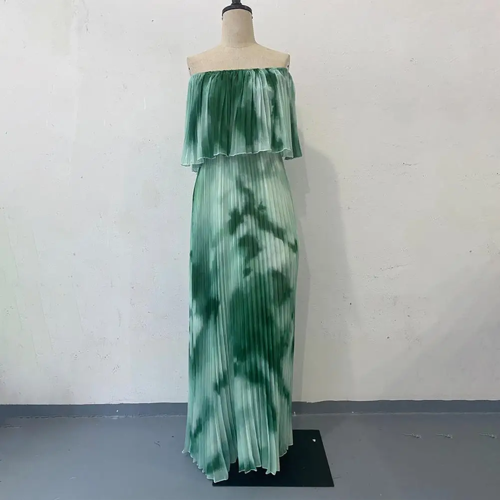 

Pleated A-line Dress Elegant Gradient Pleated Maxi Dress Off Shoulder Backless Ruffle Tie-dye Evening Gown for Prom Parties