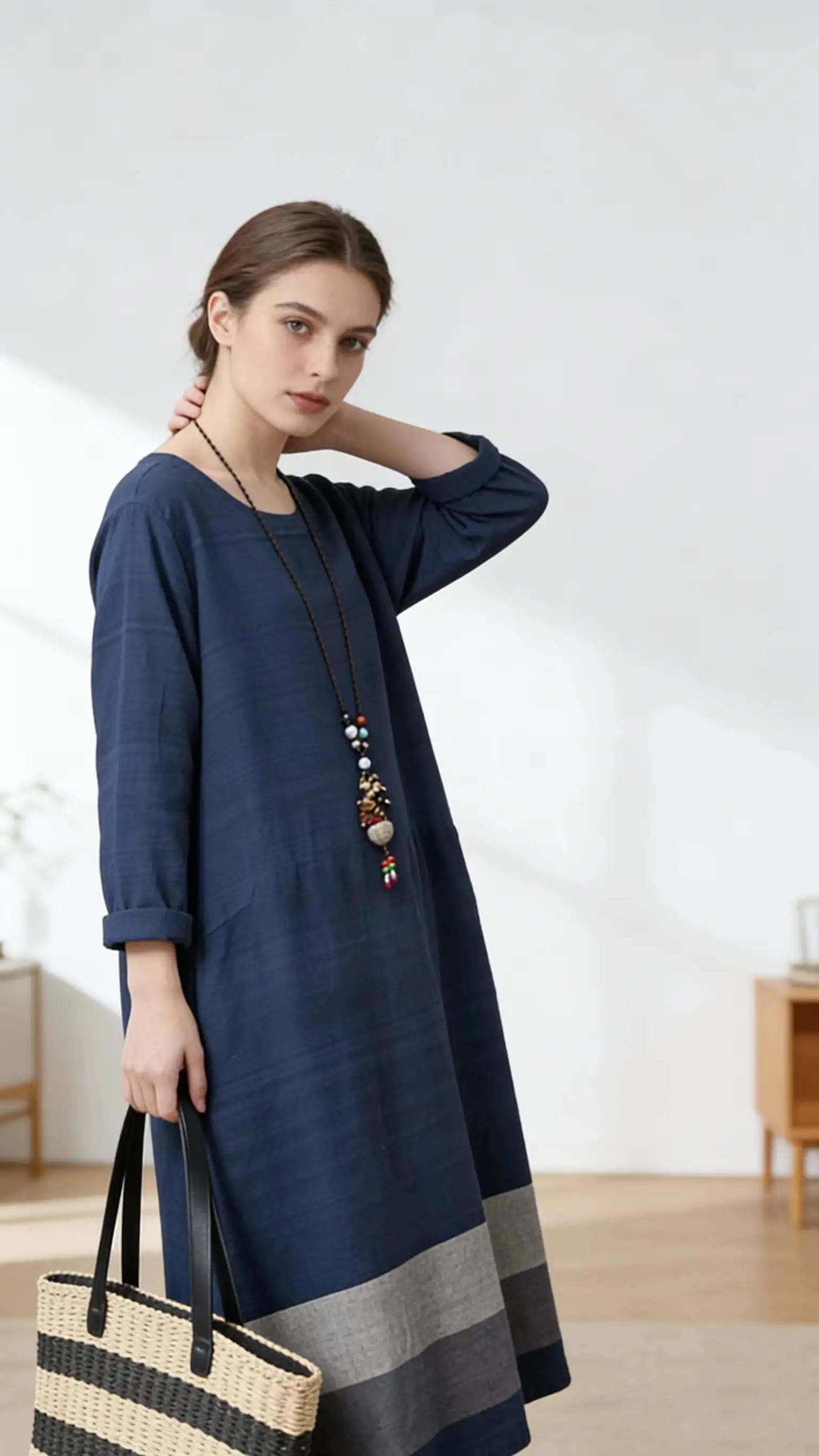 Women 3/4Slv RndNeck Navy ColorBlock SidePkt TieredLooseMx Dress Boho Casual SprSum Chic Vacay BeachDly Breath Dress