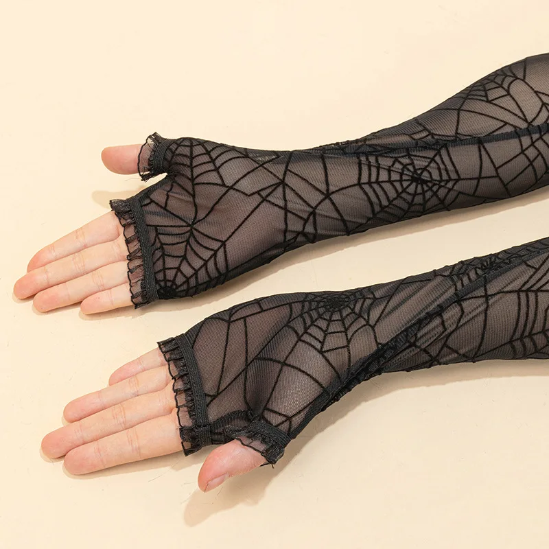 Fashion Women Halloween Costume Black Lace Sunscreen Sleeve Witch Role Play Spider Web Long Half Finger Gloves Girl Party Gift