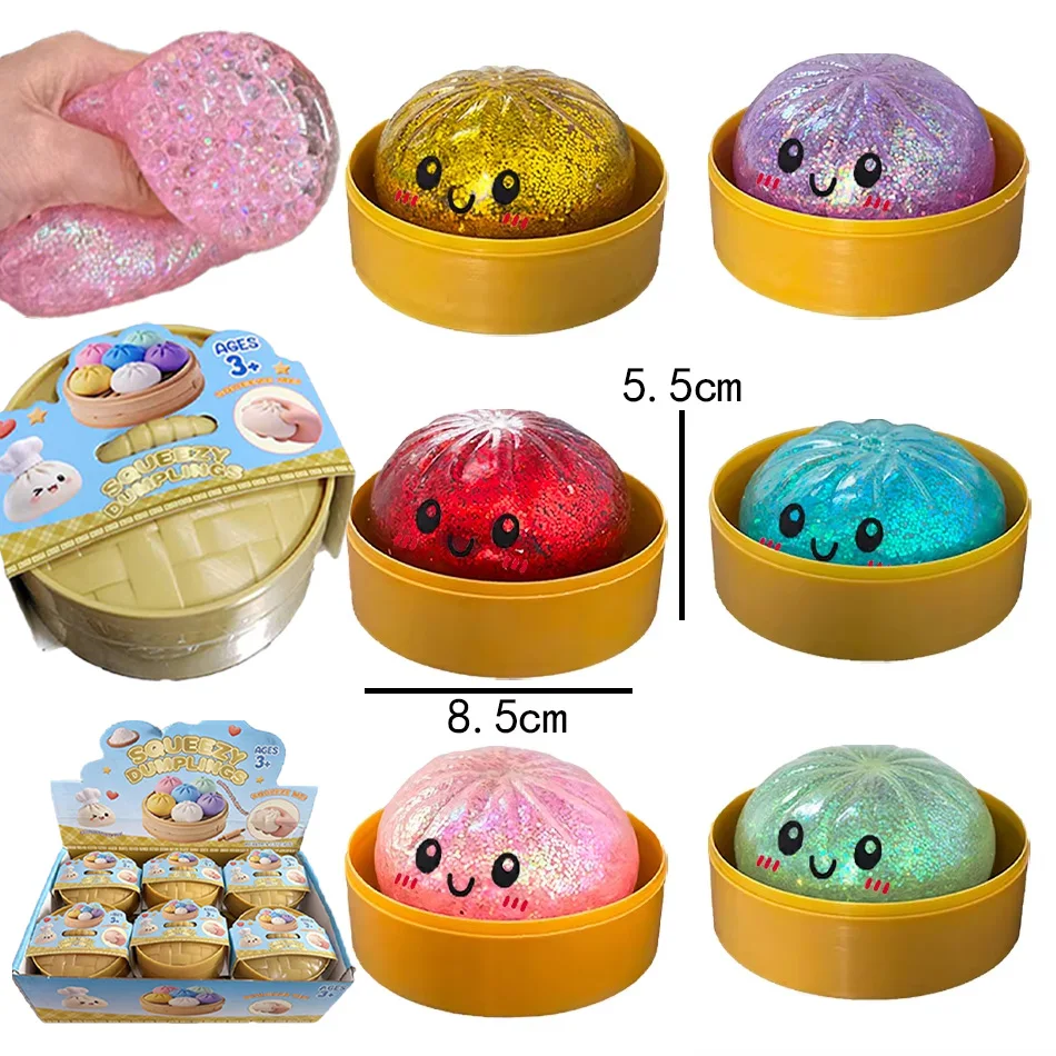 

Colorful 6 Styles Glitter Dumpling Squishy Toy with Box Dumpling Sensory Squeeze Toy for Stress Relief