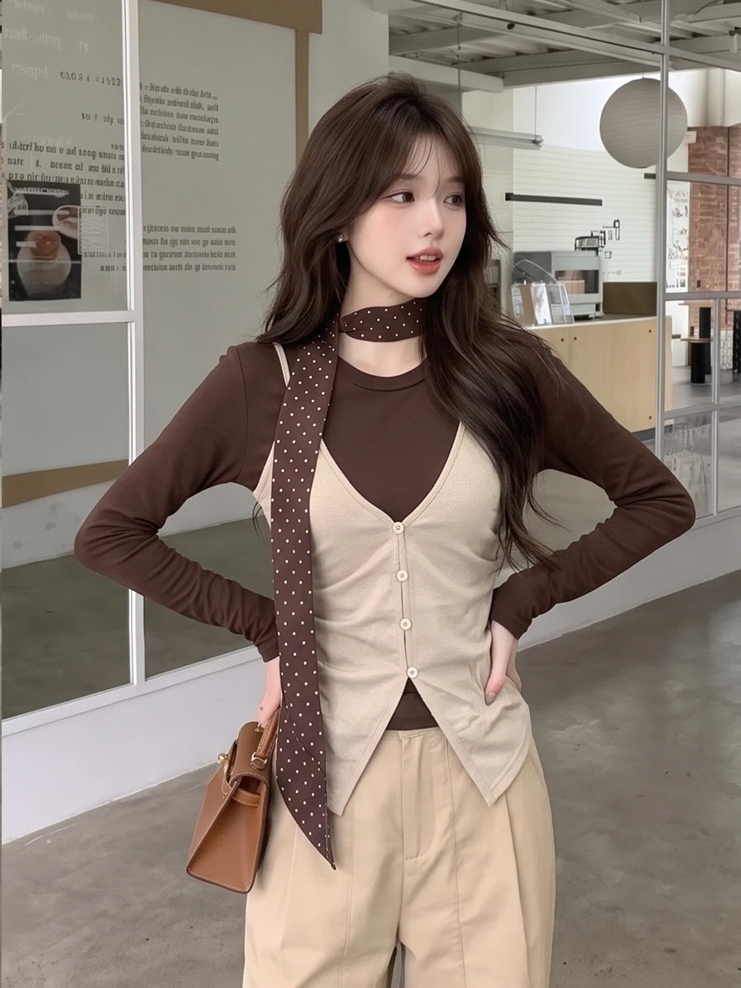 Color Block Long Sleeve Slim Fit T-Shirt for Women with Scarf Korean Style Commute Wind Autumn Season Casual Simple City Walk...