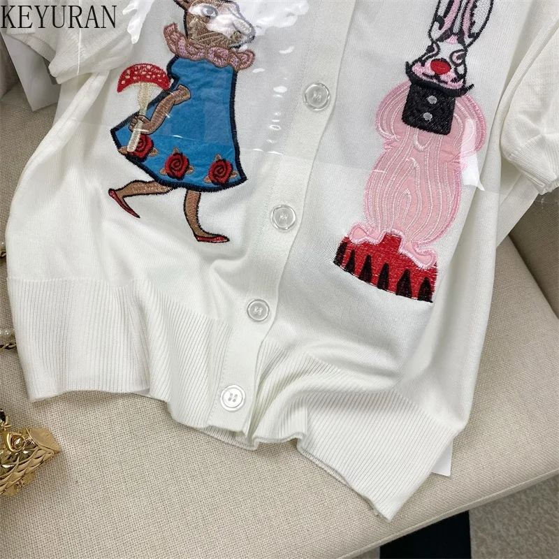 2024 Summer New V-neck Cartoon Rabbit Embroidery Knit Cardigan Woman Sweaters White Fashion Short-sleeved Knitwear Top Women