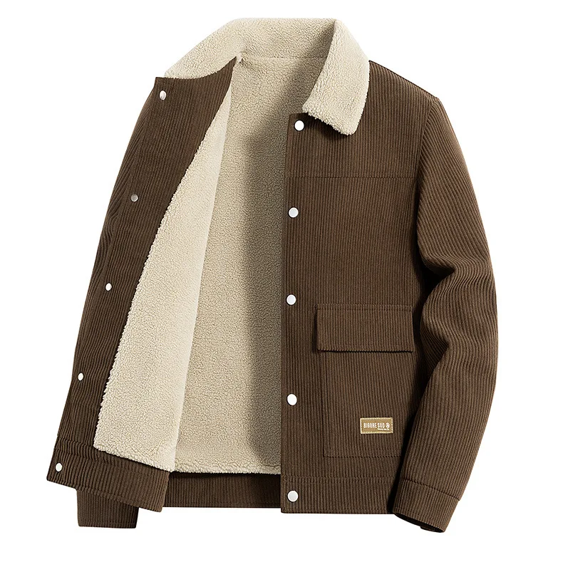 Men Corduroy Jacket Sherpa Fleece Collar Winter Thick Fleece Lined Snap Button Retro Casual Warm Outer Coat