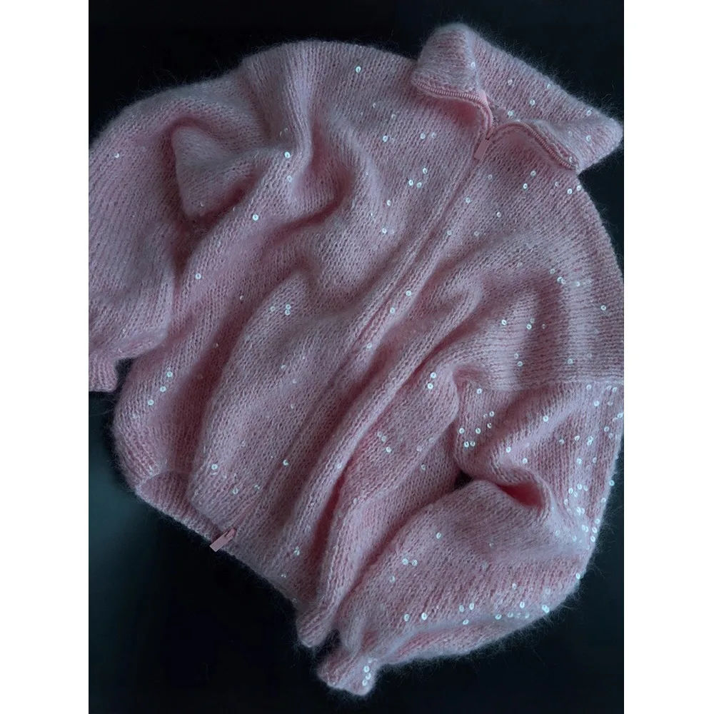 

New Sparkly Sequin Sequin Knitted Cardigan Stand Collar Long Sleeve Glitter Lapel Coat Sequins Knit Sweater Autumn Winter