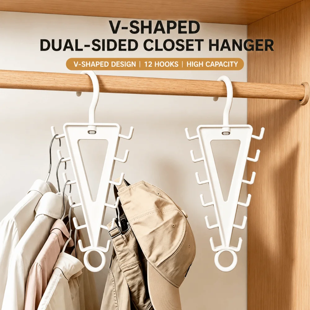 Portable Wall Mounted V Shaped Hanger Rotatable 12 Hooks Hat Rack Space Saving Multi Hook Organizer for Wardrobe