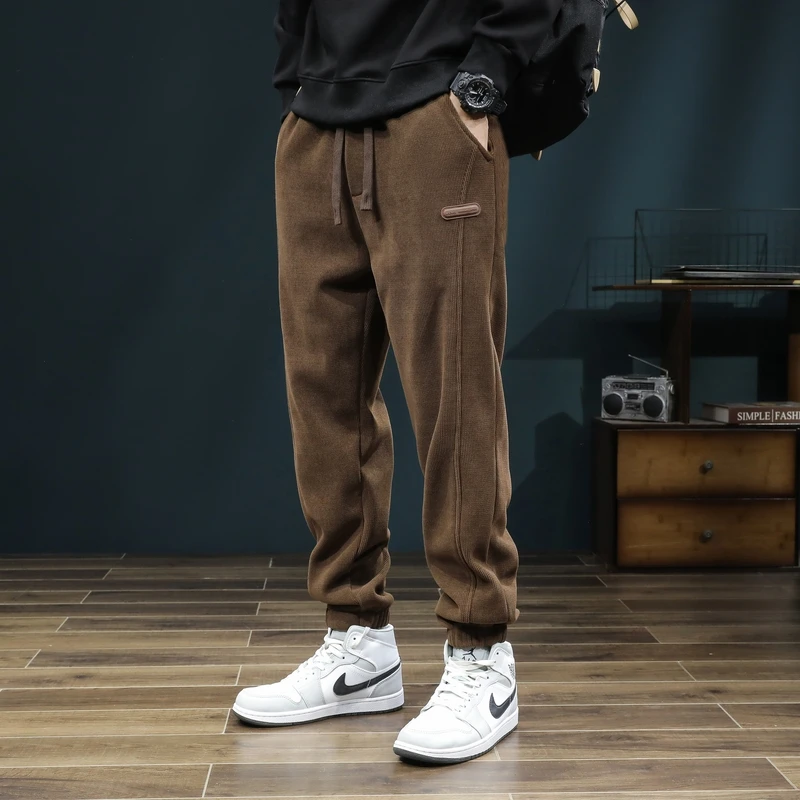 Pantalon décontracté en velours côtelé pour hommes, ample et chaud, pour adolescents, grande taille, Long, à revers, thermique, hiver