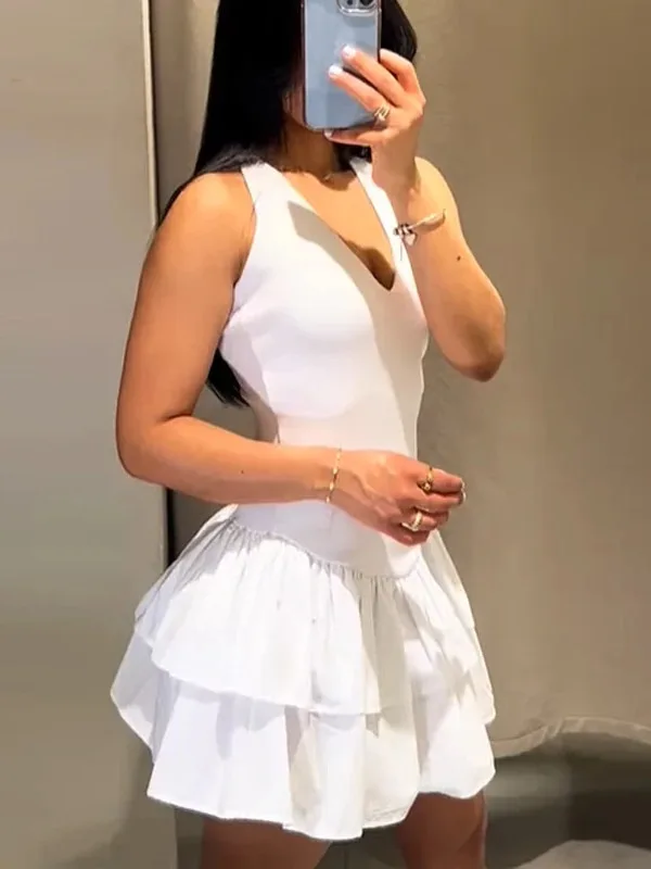 Vestidos femininos halter rosa mini vestidos chique com decote em v camada babados bainha vestido uma linha vestido de verão senhoras rua festa wear mq54