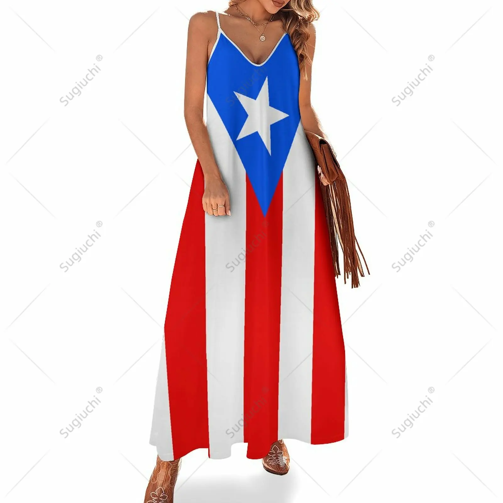 

Long Dresses Dress Puerto Rico Flag Print New Casual Sleeveless Women's V-Neck Printed Dress Swing Retro Dresses