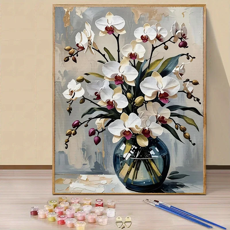 Professional Art Use 1 Set 2D/Flat White Orchid Bouquet Pattern Digital Oil Painting Set Art Gift Adult Digital Painting Kit Pai