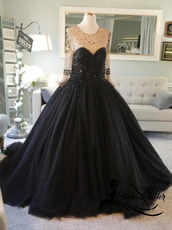 Vestidos de casamento gótico preto com espartilho, vestido de baile, mangas compridas, gola redonda, cristal de luxo frisado, vestidos nupciais